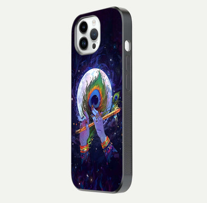 Krishna Hands Art Glass Case for iPhone 14 Pro side-angle image highlighting reflection brightness and vivid print