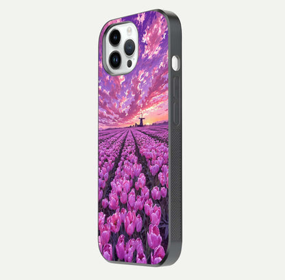 Lavender Dream Skies Glass Case for iPhone 14 Pro side-angle image showing reflection depth and serene tones