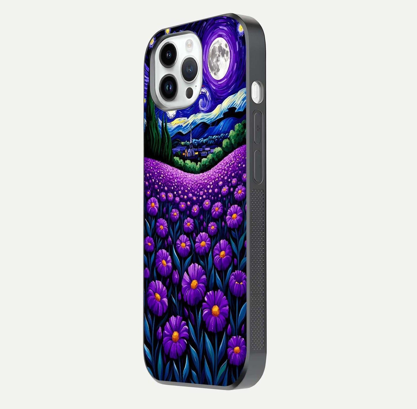 Lavender Moon Field Glass Case for iPhone 14 Pro side-angle image showing HD reflection and moonlit lavender art