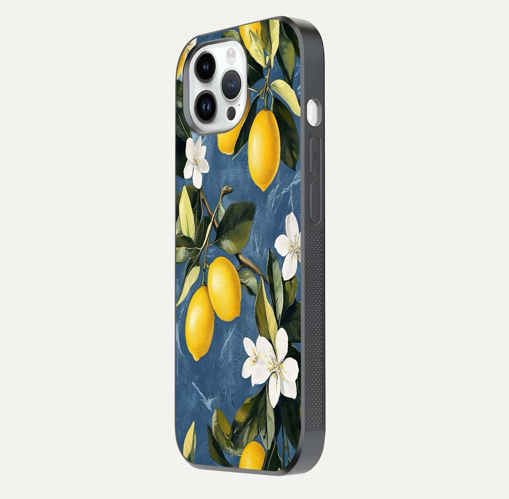 Lemon Dream Garden Glass Case for iPhone 14 Pro side-angle image showing reflection clarity and artistic fruit design