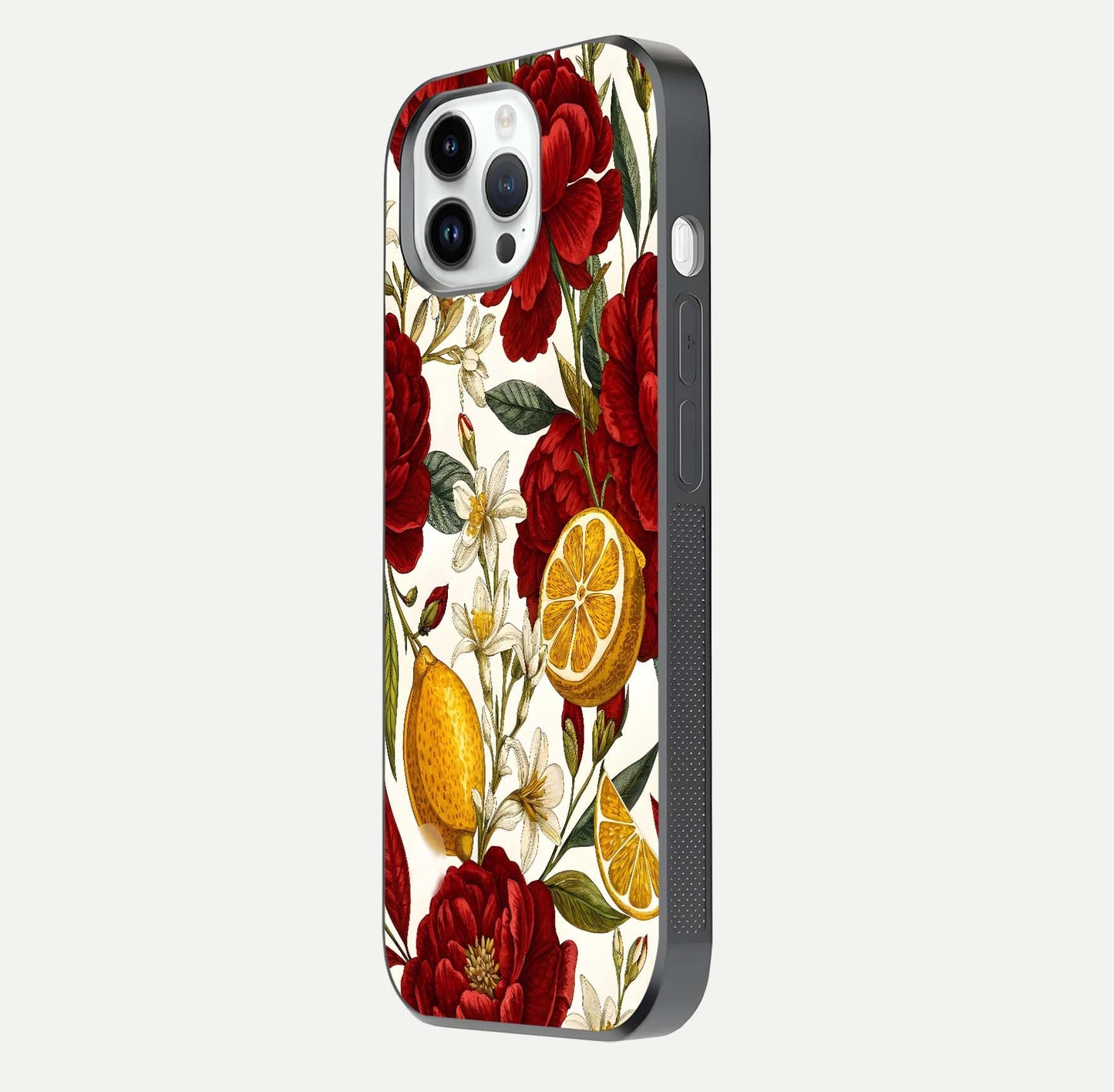 Lemon Rose Charm Glass Case for iPhone 14 Pro side-angle image revealing reflection depth and vibrant flower art