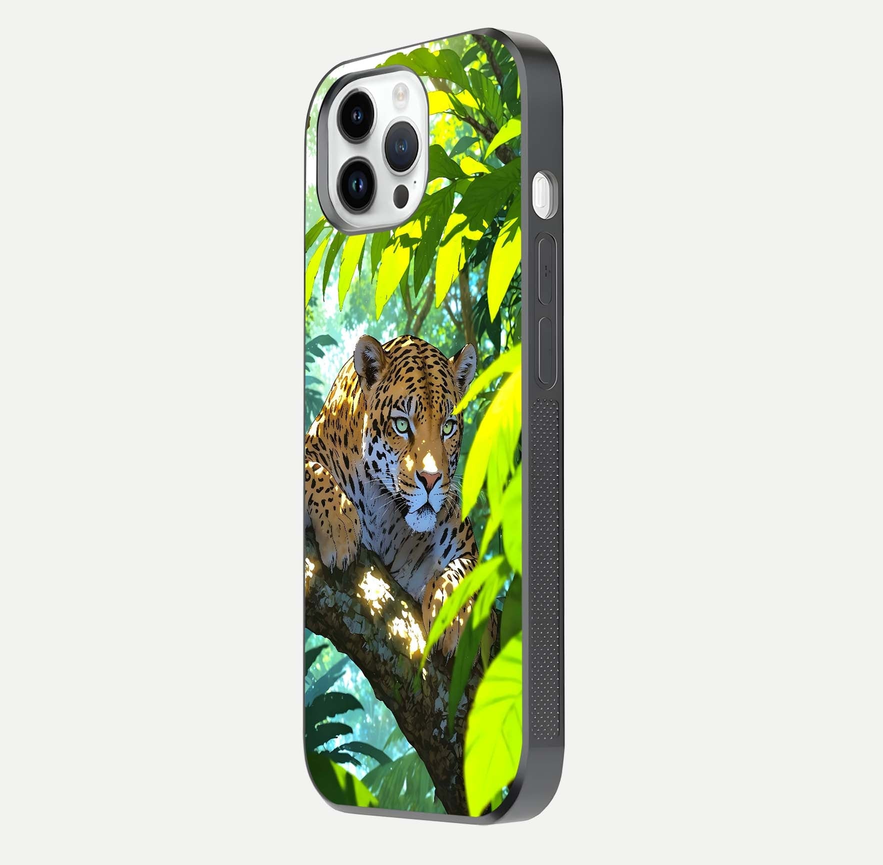 Leopard in Jungle Glass Case for iPhone 14 Pro side-angle shot emphasizing contrast and fierce design clarity