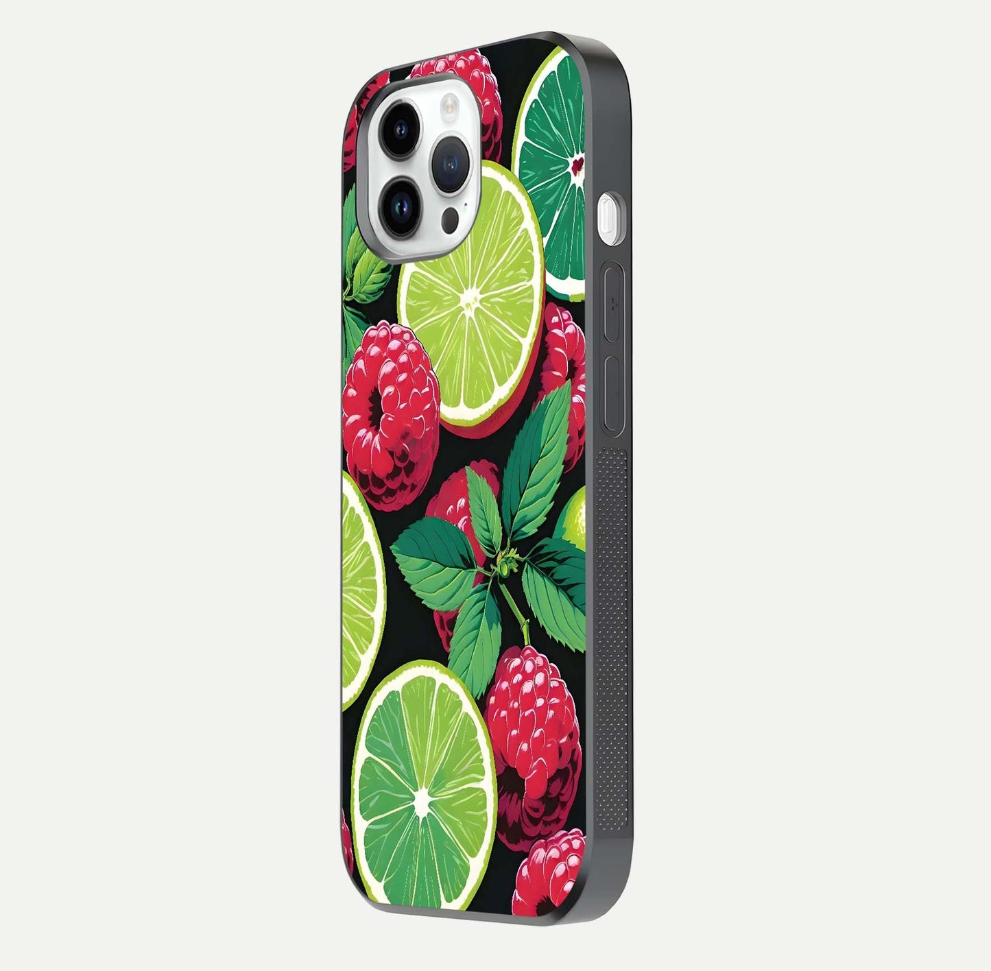 Lime and Raspberry Pattern Glass Case for iPhone 14 Pro side-angle view revealing colorful fruit artwork details