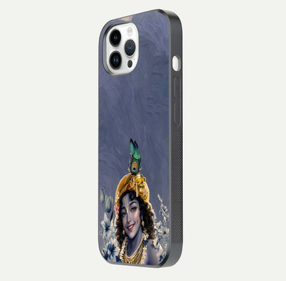 Lord Krishna Glass Case for iPhone 14 Pro side-angle image emphasizing premium reflection and sacred motif