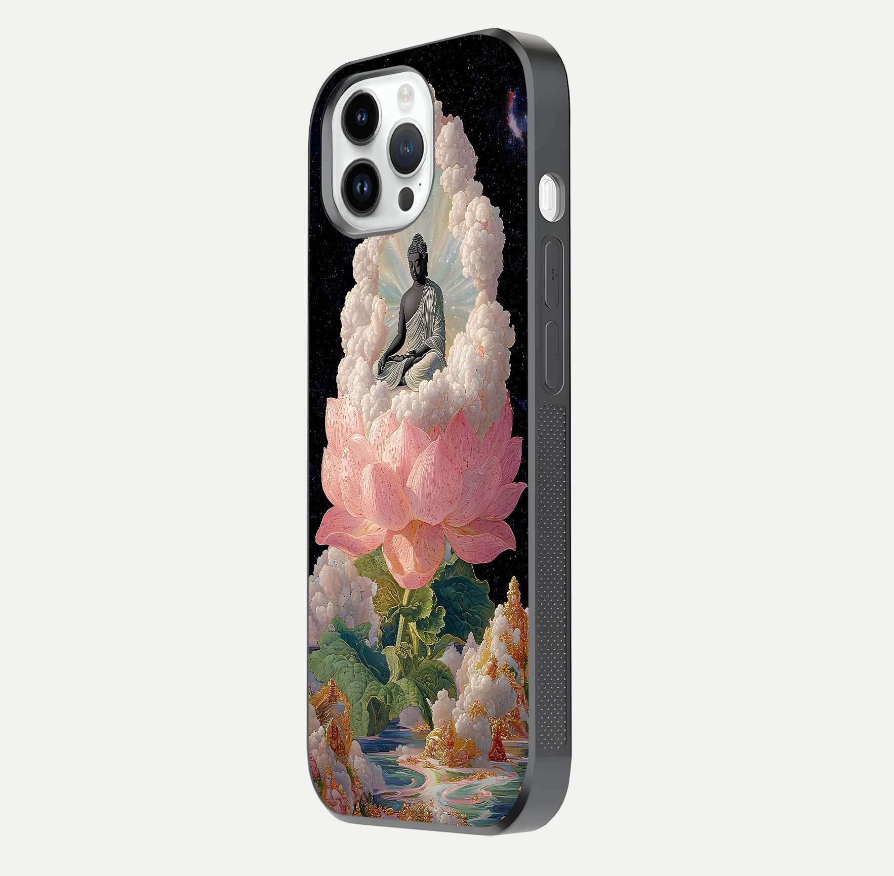 Lotus Divine Peace Glass Case for iPhone 14 Pro side-angle shot showing elegant shine and floral symmetry