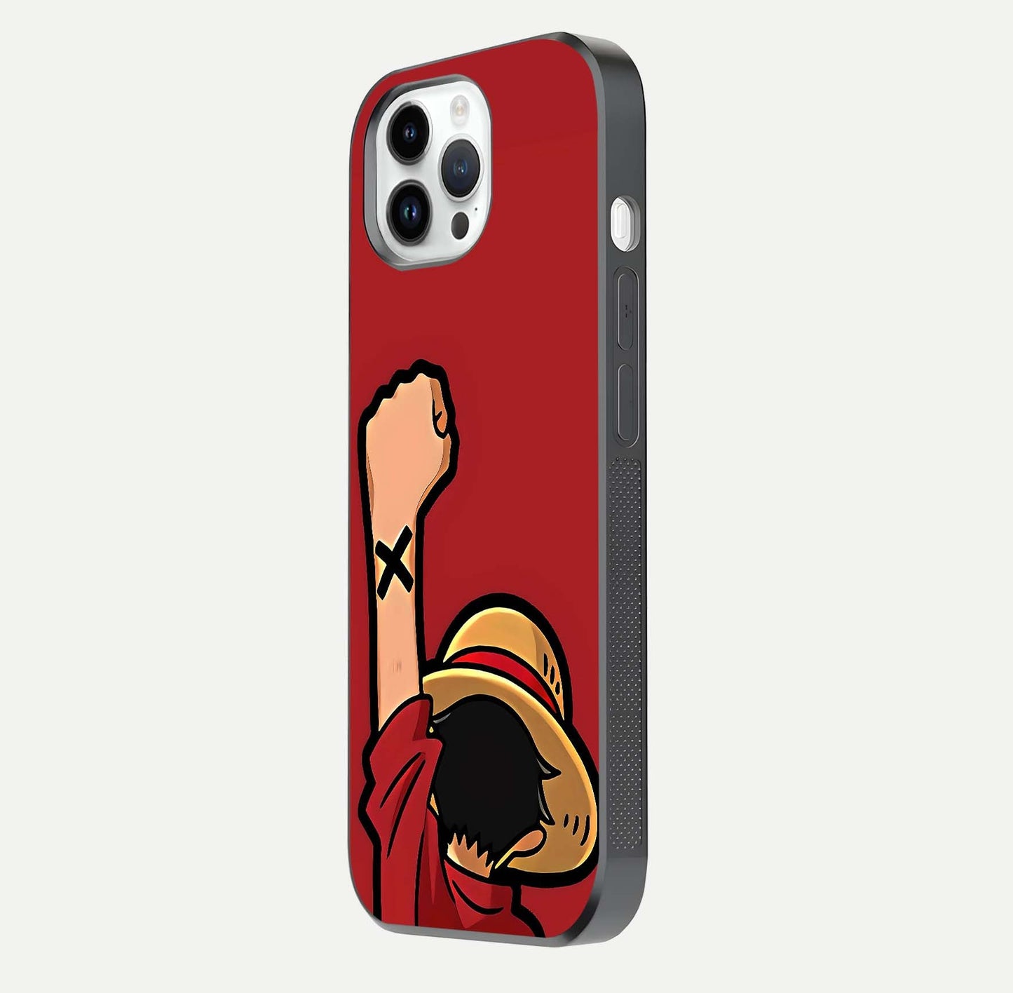 Luffy X Spirit Glass Case for iPhone 14 Pro side-angle image highlighting reflection strength and anime print