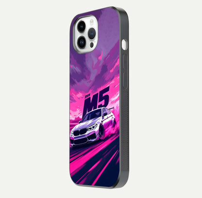 MS Neon Car Glass Case for iPhone 14 Pro side-angle image showing glow reflection and car detailing