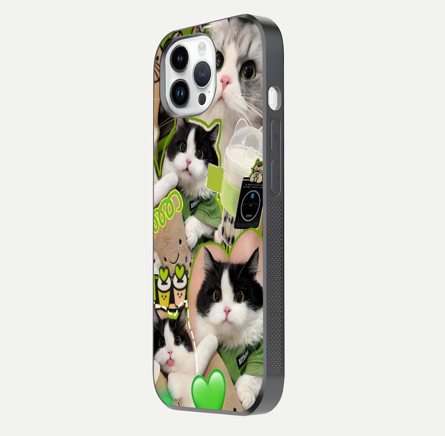 Matcha Cats Mood Glass Case for iPhone 14 Pro side-angle image showing shine clarity and cat pattern charm