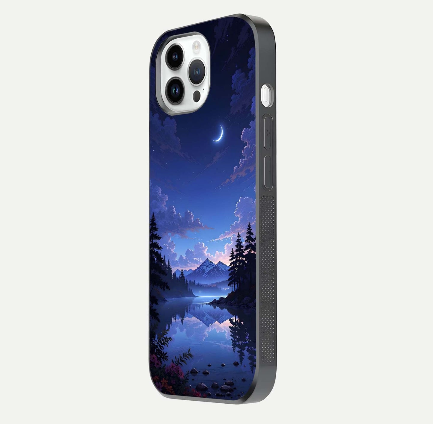 Midnight Lake Peace Glass Case for iPhone 14 Pro side-angle image showing HD shine and tranquil color tones