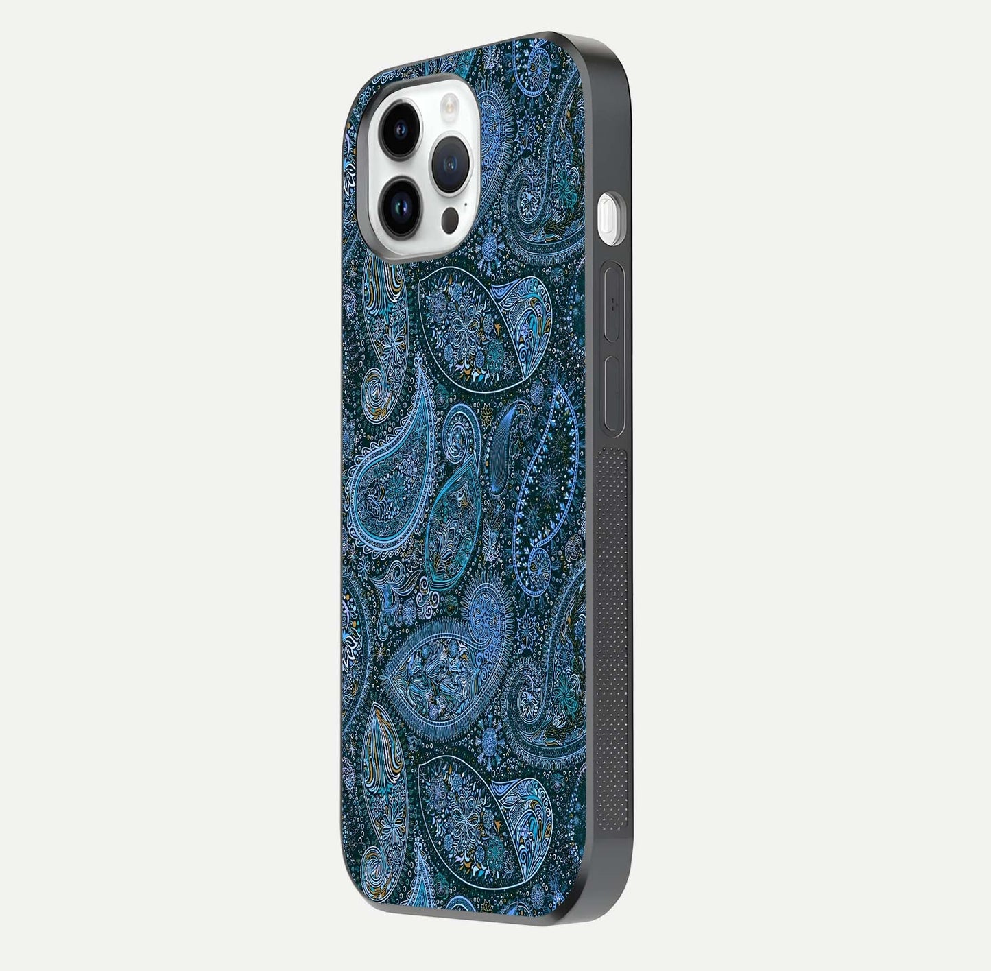 Midnight Paisley Glow Glass Case for iPhone 14 Pro side-angle image revealing reflective gloss and paisley art