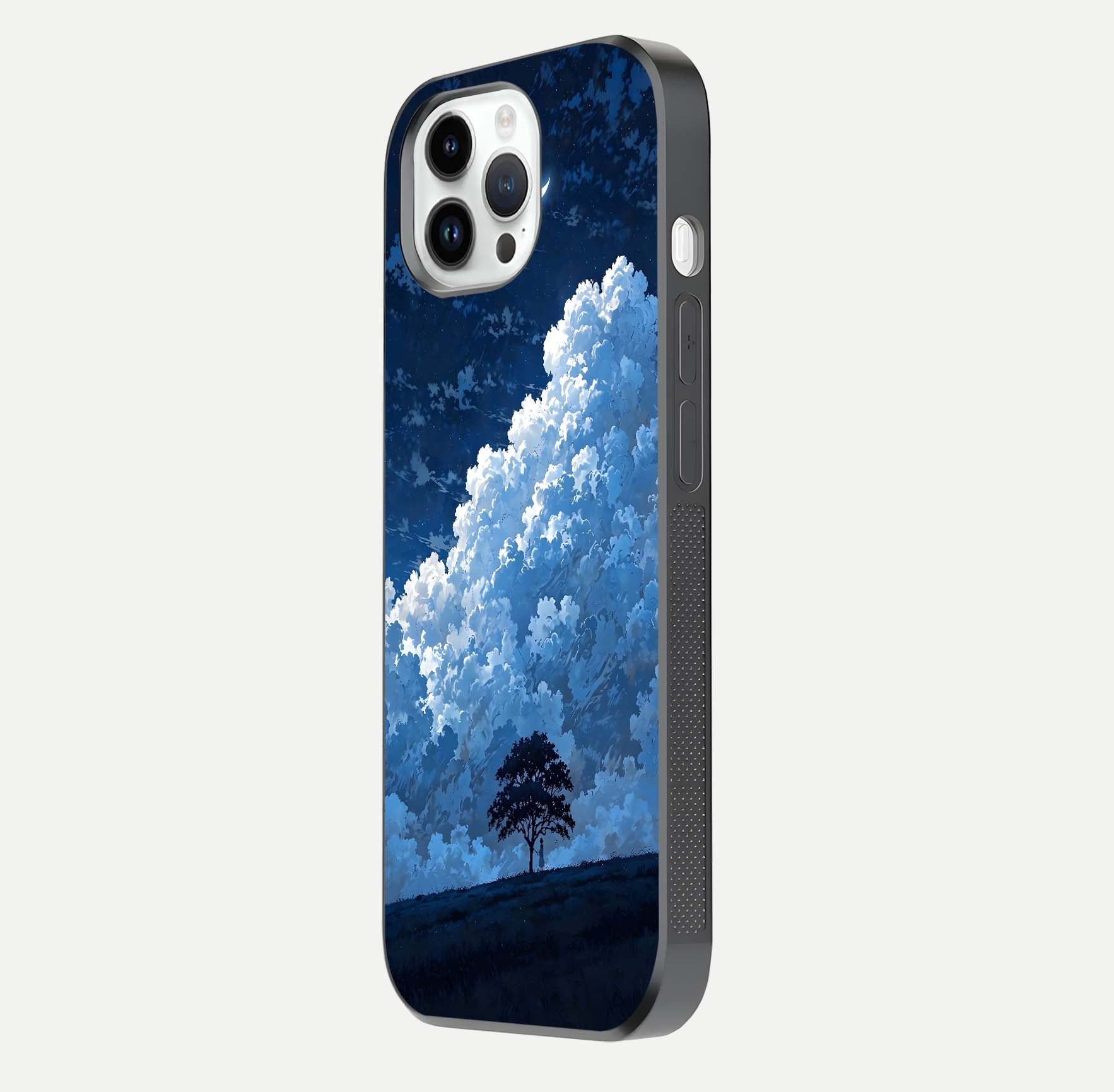 Midnight Sky Serenity Glass Case for iPhone 14 Pro side-angle image showing soft glow and smooth reflection