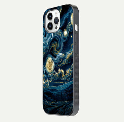 Midnight Sky Whirl Glass Case for iPhone 14 Pro side-angle image showing reflection depth and galaxy pattern