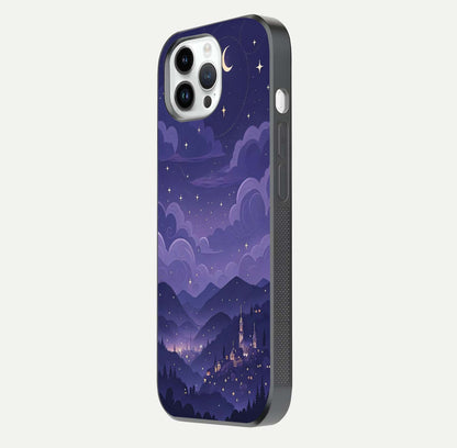 Minimal Night View Glass Case for iPhone 14 Pro side-angle image showing subtle reflection and urban design