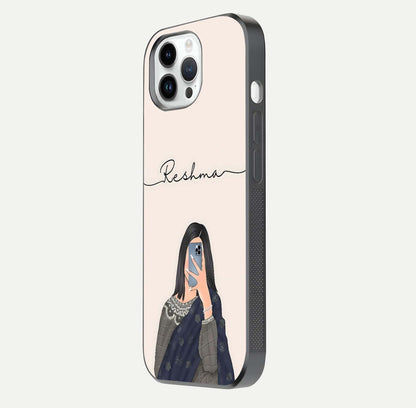Mirror Mood Muse Custom Name Glass Case for iPhone 14 Pro side-angle image emphasizing glossy mirror texture