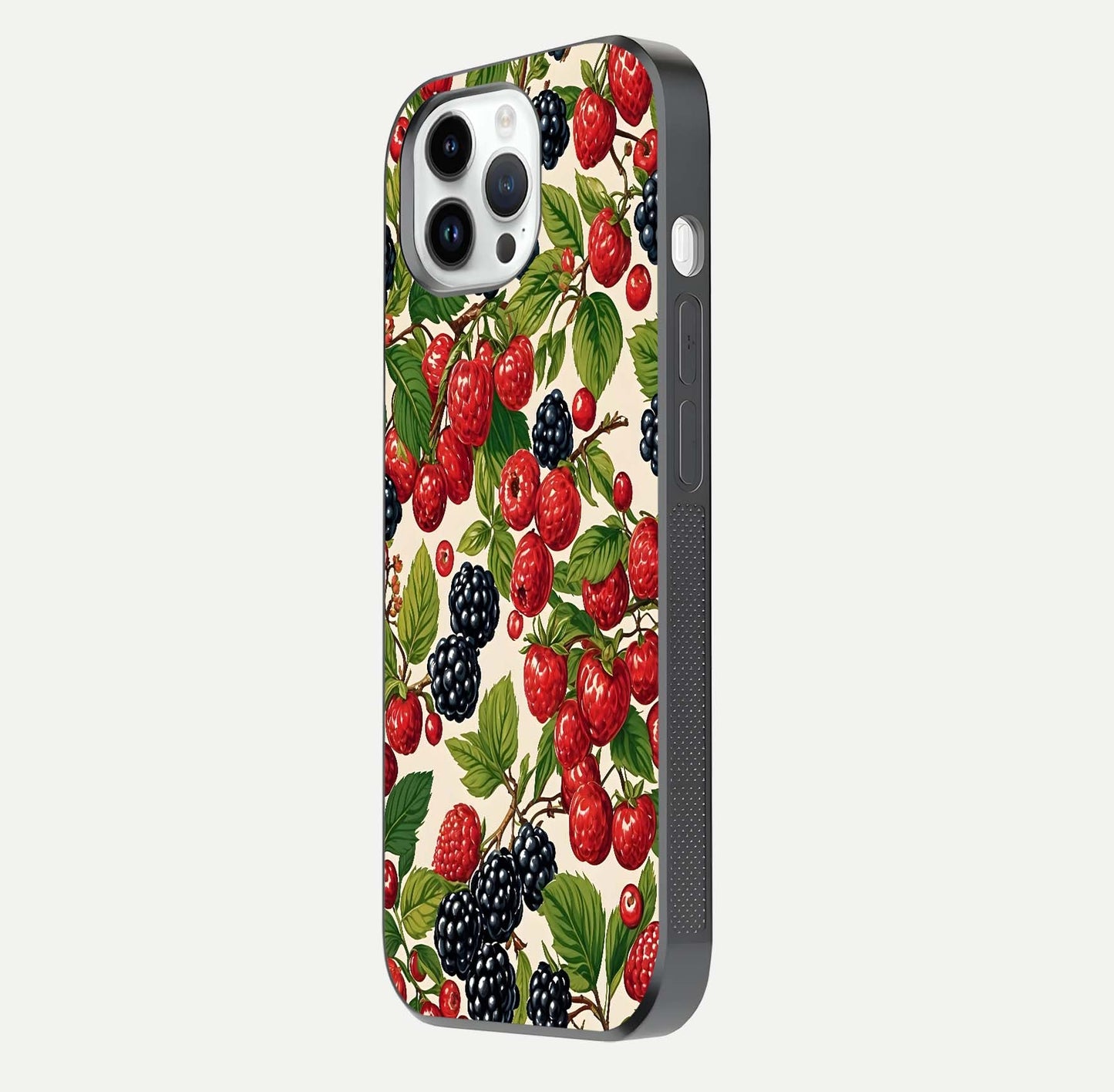 Mixed Berry Collage Glass Case for iPhone 14 Pro side-angle image showing reflection and HD fruit texture