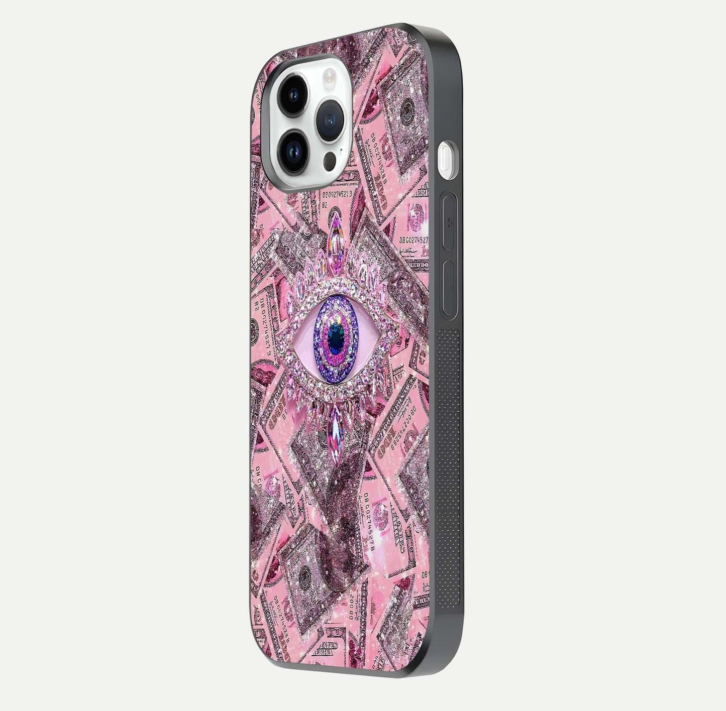 Money Eye Luxe Glass Case for iPhone 14 Pro side-angle image showing HD reflection and luxury print clarity