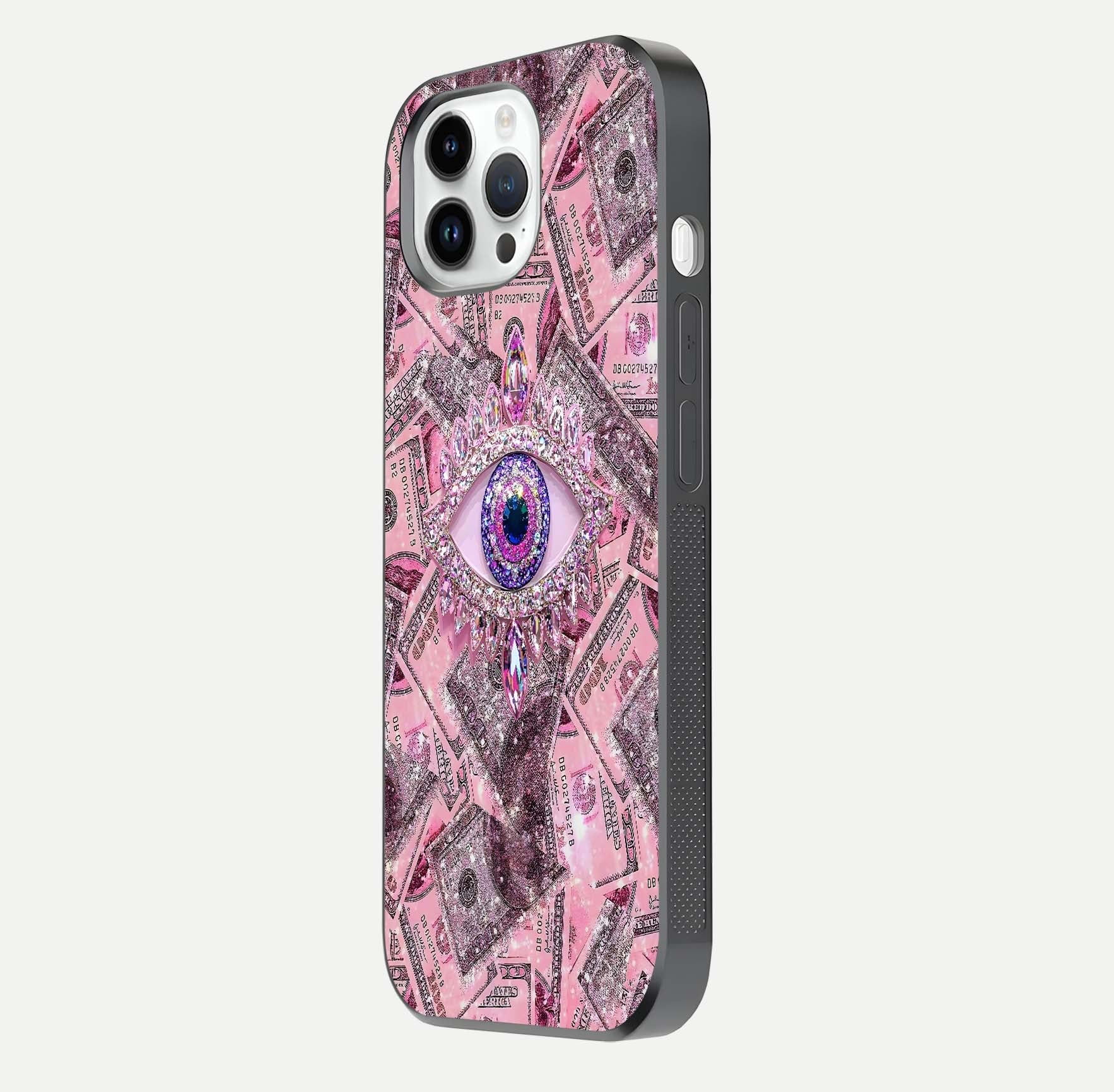 Money Eye Luxe Glass Case for iPhone 14 Pro side-angle image showing HD reflection and luxury print clarity