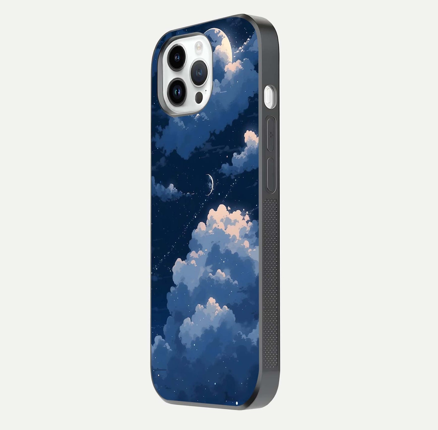 Moon Dream Haze Glass Case for iPhone 14 Pro side-angle image showing HD reflection and moonlight detailing