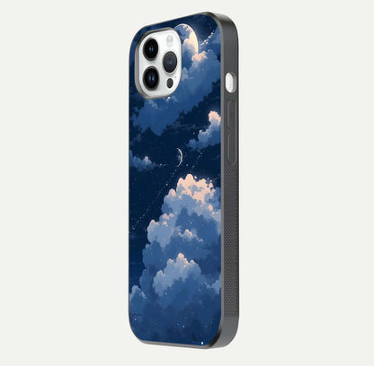 Moon Dream Haze Glass Case for iPhone 14 Pro side-angle image showing HD reflection and moonlight detailing