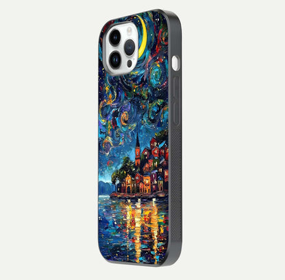 Moonlight Harbor Glow Glass Case for iPhone 14 Pro side-angle image showing reflective surface and ocean tones