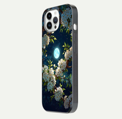 Moonlit Blossom Dream Glass Case for iPhone 14 Pro side-angle image showing shine depth and flower glow