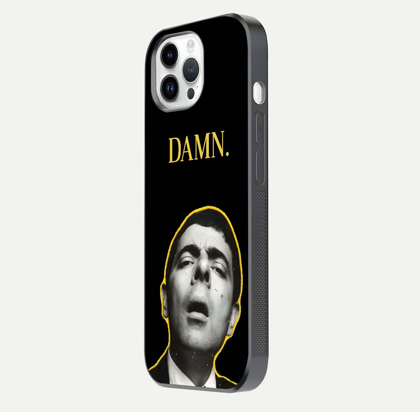 Mr Bean Damn Glass Case for iPhone 14 Pro side-angle image emphasizing HD print clarity and playful theme