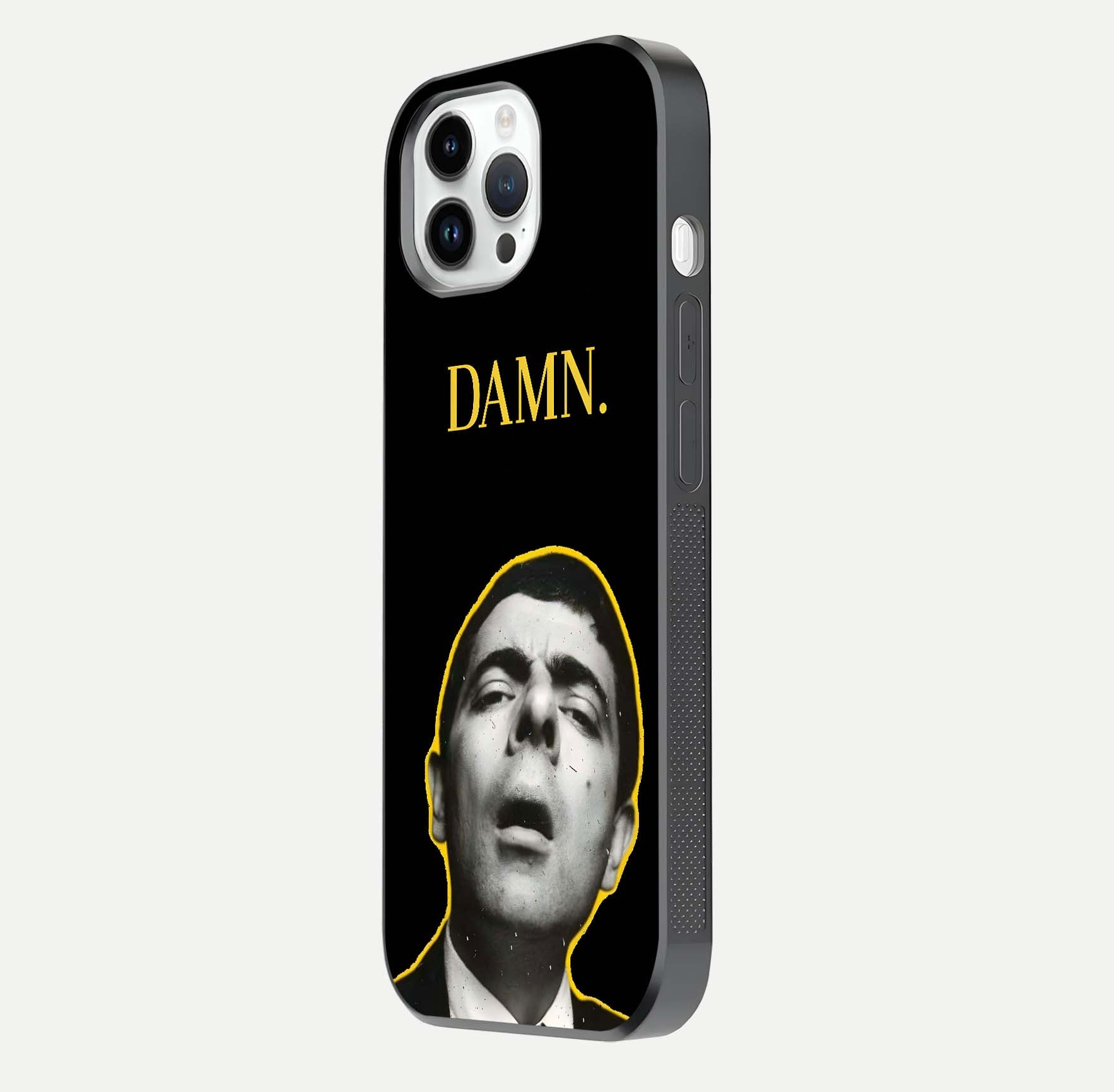 Mr Bean Damn Glass Case for iPhone 14 Pro side-angle image emphasizing HD print clarity and playful theme
