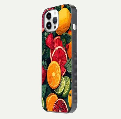 Multiple Fruits Glass Case for iPhone 14 Pro side-angle image showing glossy surface and vivid fruit pattern