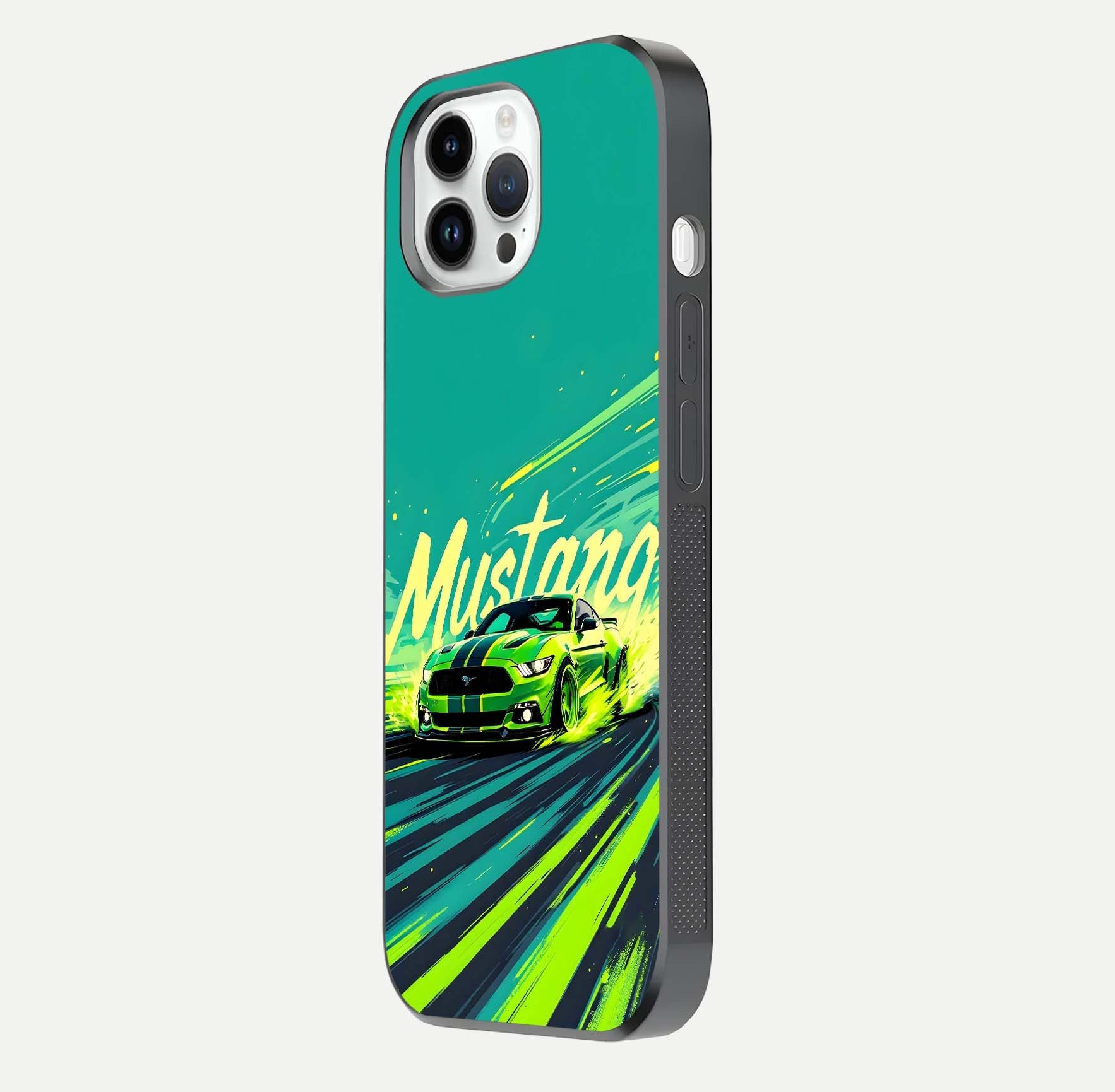 Mustang Bang Glass Case for iPhone 14 Pro side-angle image showing reflection clarity and bold car artwork