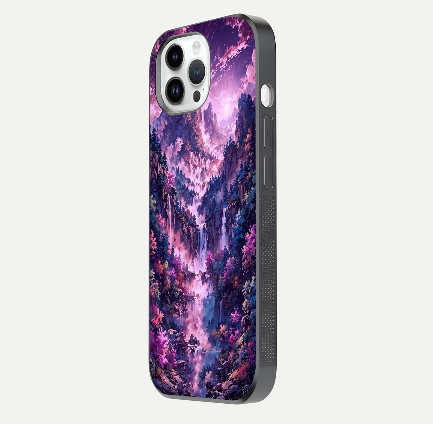 Mystic Cascade Peaks Glass Case for iPhone 14 Pro side-angle image showing reflection and scenic art clarity