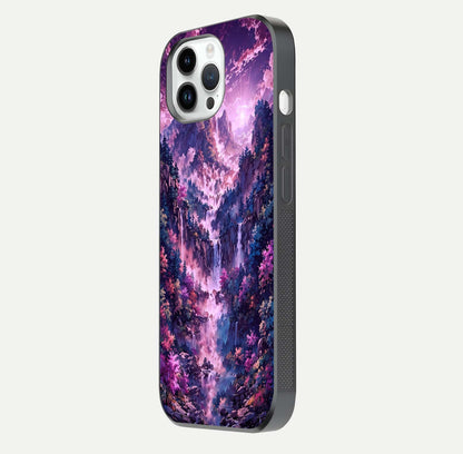 Mystic Cascade Peaks Glass Case for iPhone 14 Pro side-angle image showing reflection and scenic art clarity