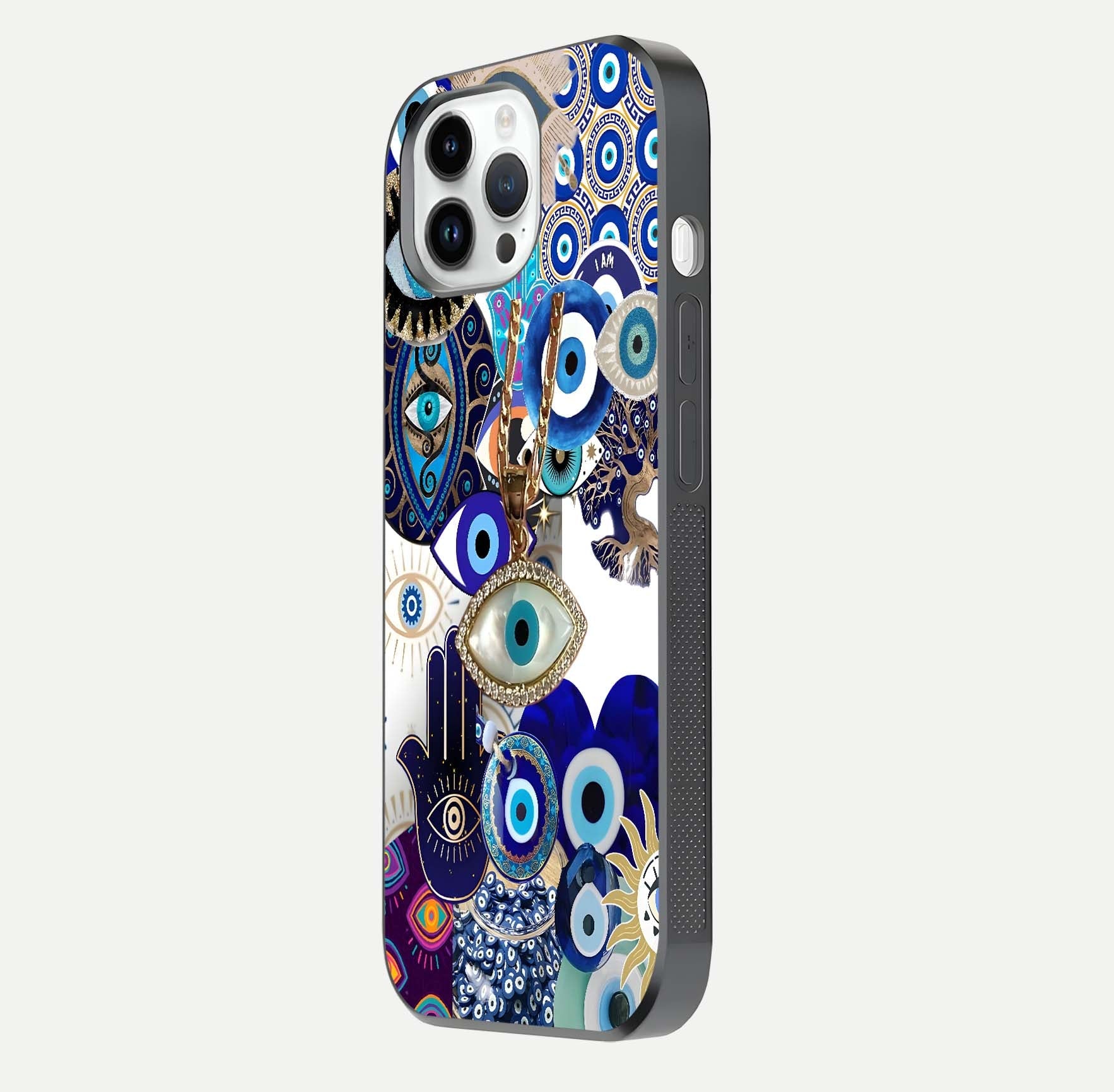 Mystic Charm Eye Glass Case for iPhone 14 Pro side-angle image showing HD reflection and sacred tone