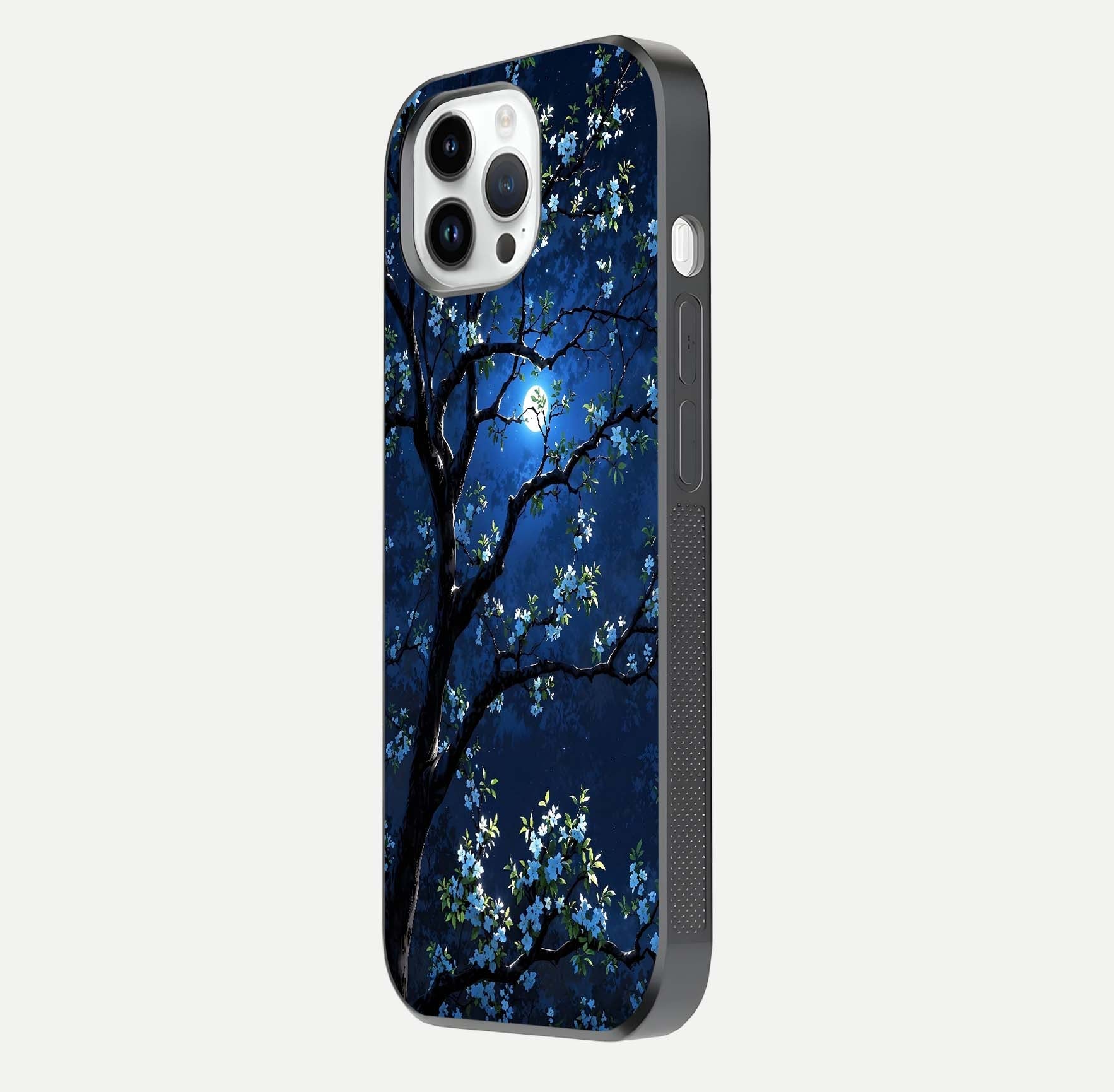 Mystic Floral Night Glass Case for iPhone 14 Pro side-angle image showing gloss surface and midnight floral tones