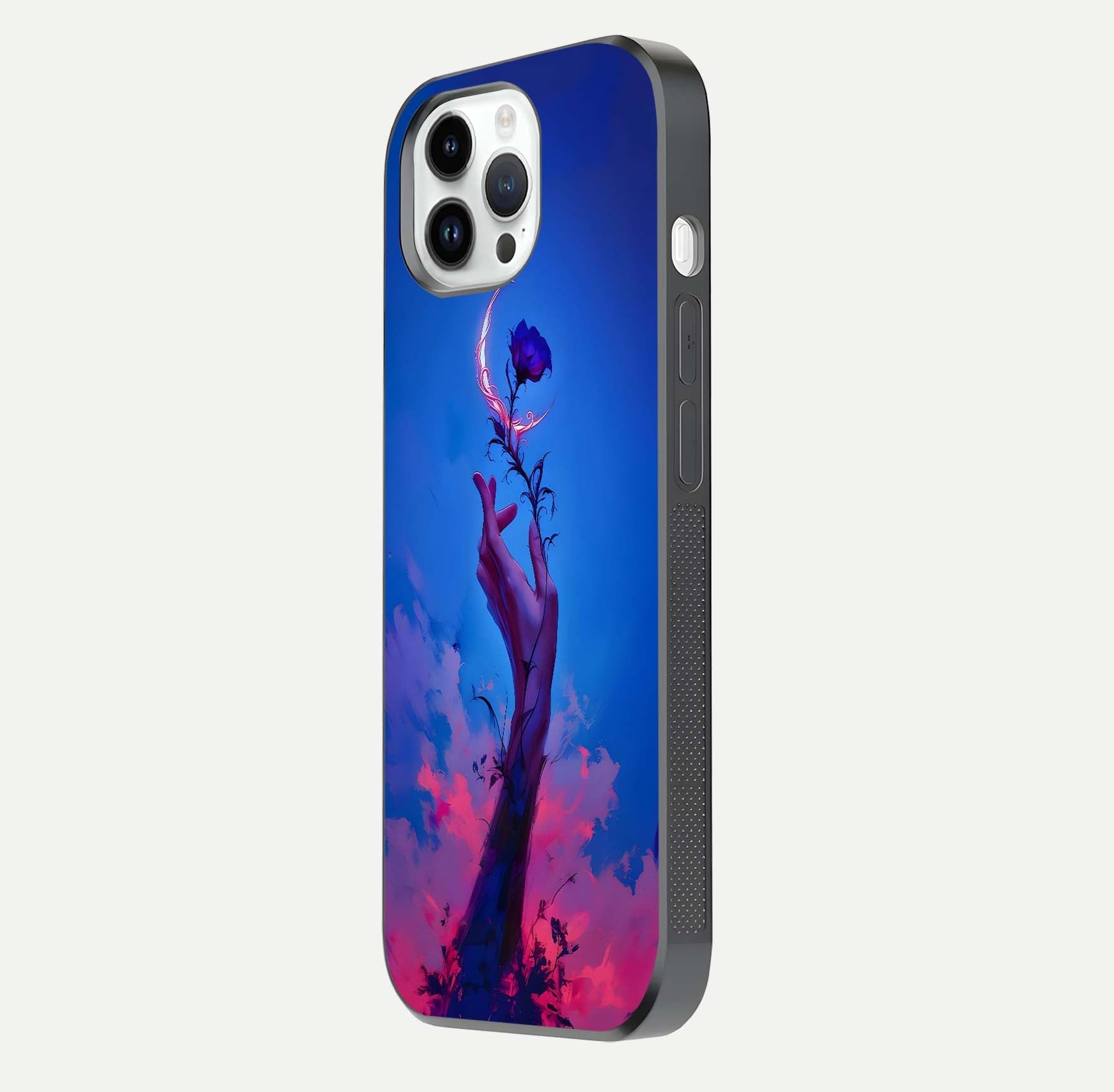 Mystic Hand Glass Case for iPhone 14 Pro side-angle image showing reflection depth and sacred aesthetic