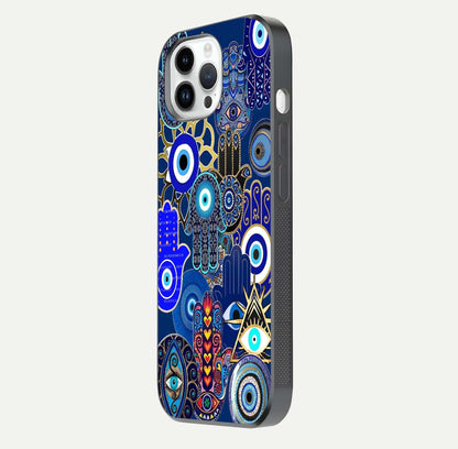 Mystic Palm Guard Glass Case for iPhone 14 Pro side-angle image showing shine depth and sacred motif