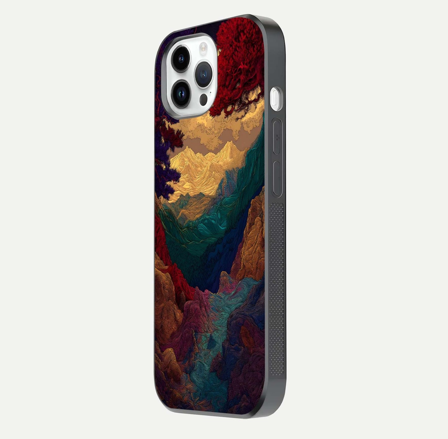 Mystic Valley Light Glass Case for iPhone 14 Pro side-angle image showing shine and peaceful hues