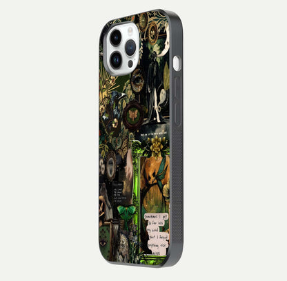 Mystic Woods Secret Glass Case for iPhone 14 Pro side-angle image showing gloss reflection and forest pattern