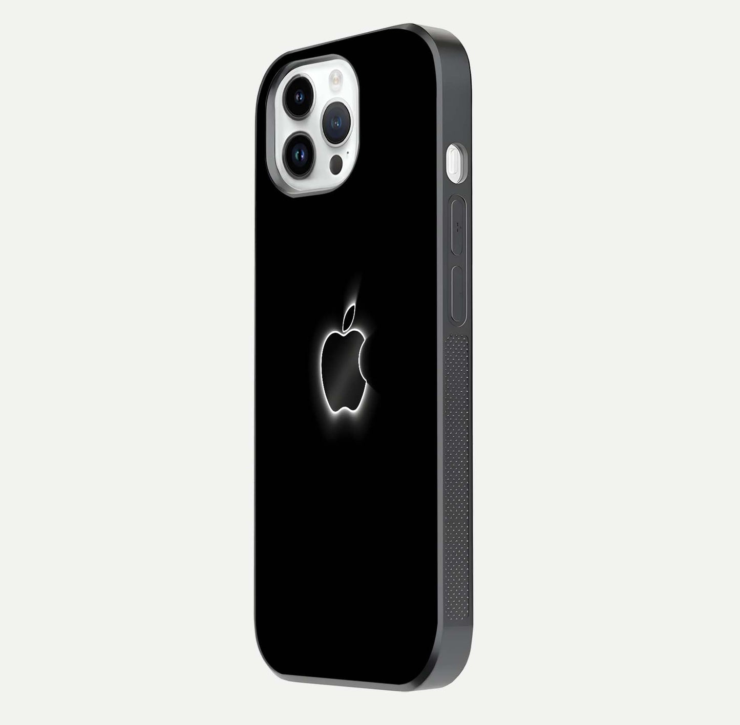 Neon Apple Glow Glass Case for iPhone 14 Pro side-angle image showing light reflection and glow effect
