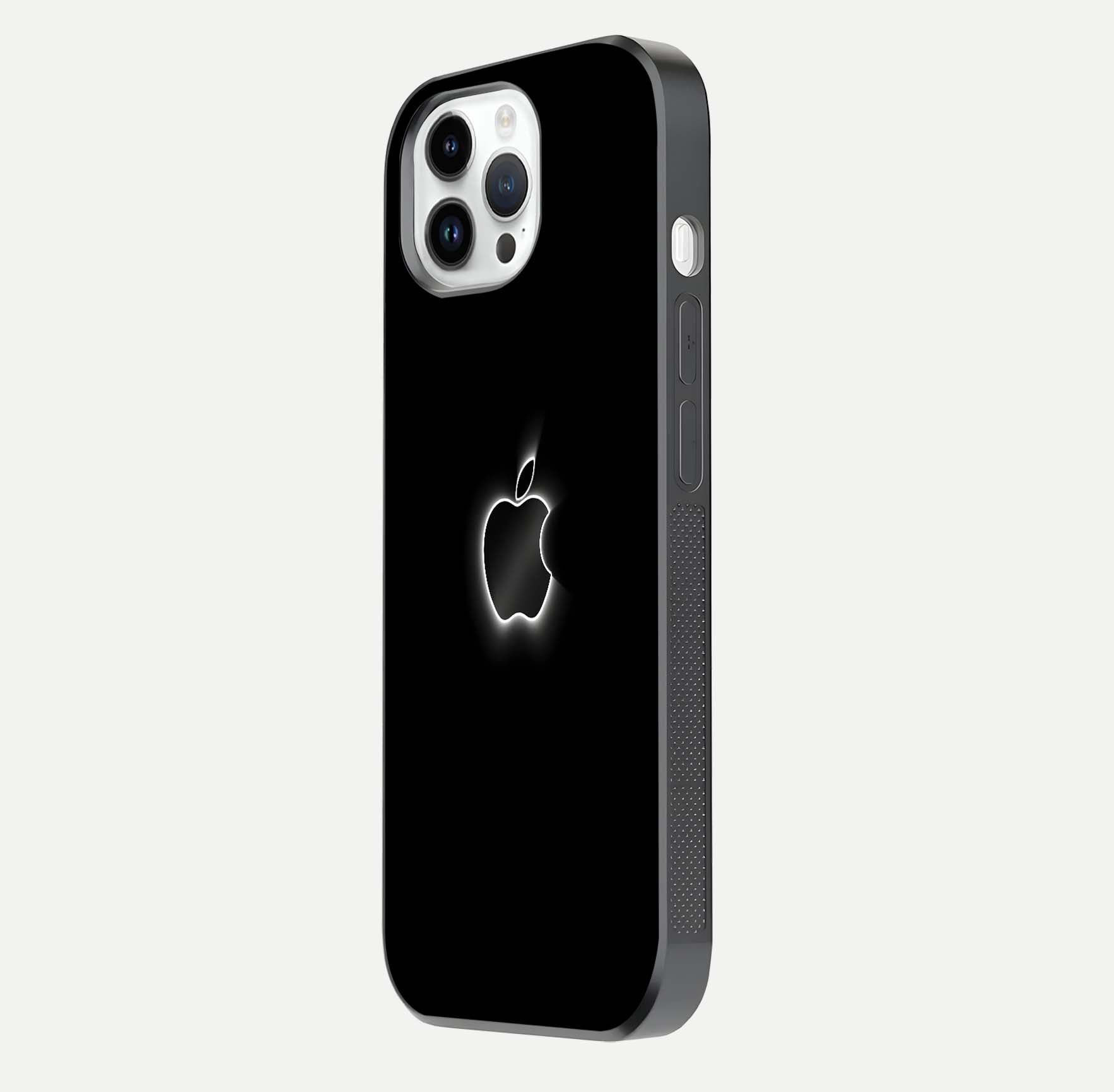 Neon Apple Glow Glass Case for iPhone 14 Pro side-angle image showing light reflection and glow effect