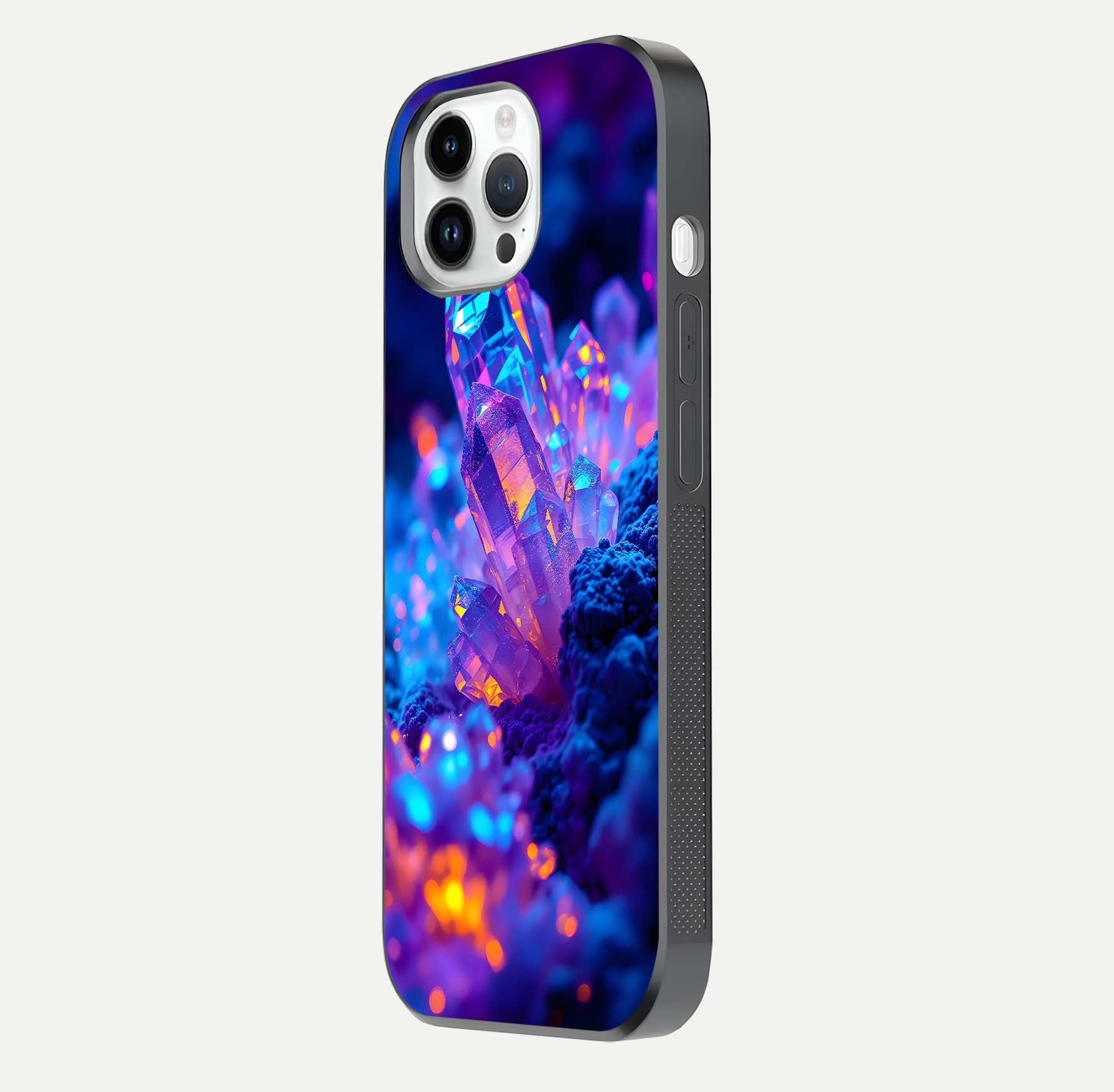 Neon Aura Shards Glass Case for iPhone 14 Pro side-angle image showing light depth and glossy contrast