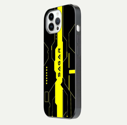 Neon CYBERPUNK Custom Name Glass Case for iPhone 14 Pro side-angle image showing glow depth and bold print
