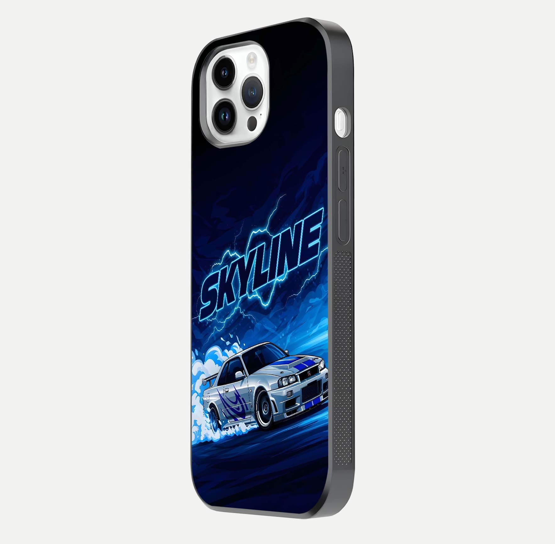 Neon Drift Beast Glass Case for iPhone 14 Pro side-angle image showing reflection depth and bold neon tones