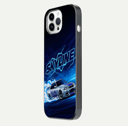Neon Drift Beast Glass Case for iPhone 14 Pro side-angle image showing reflection depth and bold neon tones