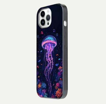 Neon Jellyfish Glass Case for iPhone 14 Pro side-angle image showing reflection and oceanic light detailing