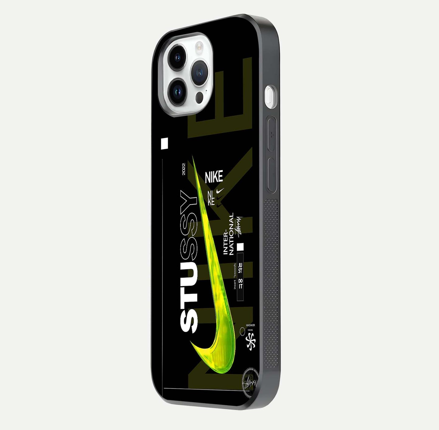 Neon Street Edition Glass Case for iPhone 14 Pro side-angle image showing reflection depth and modern tones