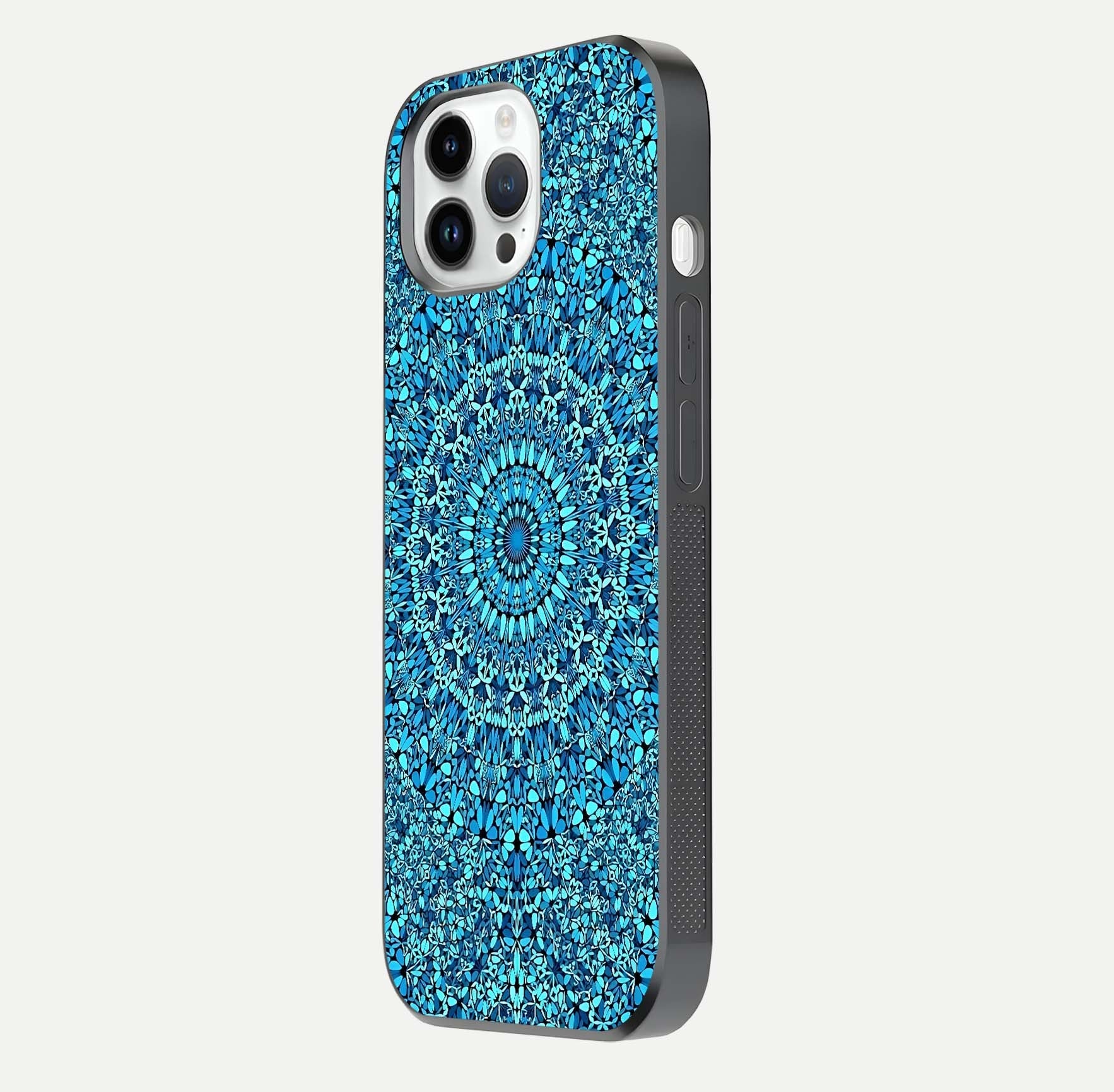 Ocean Bloom Mandala Glass Case for iPhone 14 Pro side-angle image showing reflection and detailed floral pattern