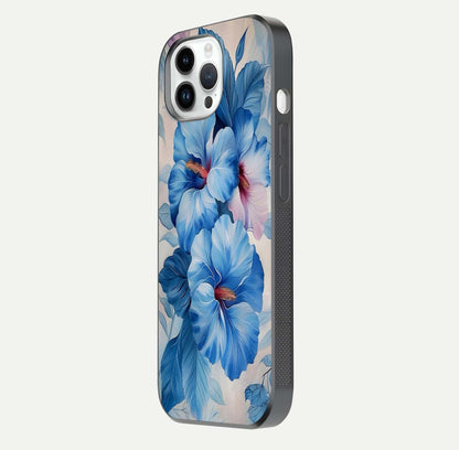 Ocean Hibiscus Grace Glass Case for iPhone 14 Pro side-angle image showing smooth texture and hibiscus details