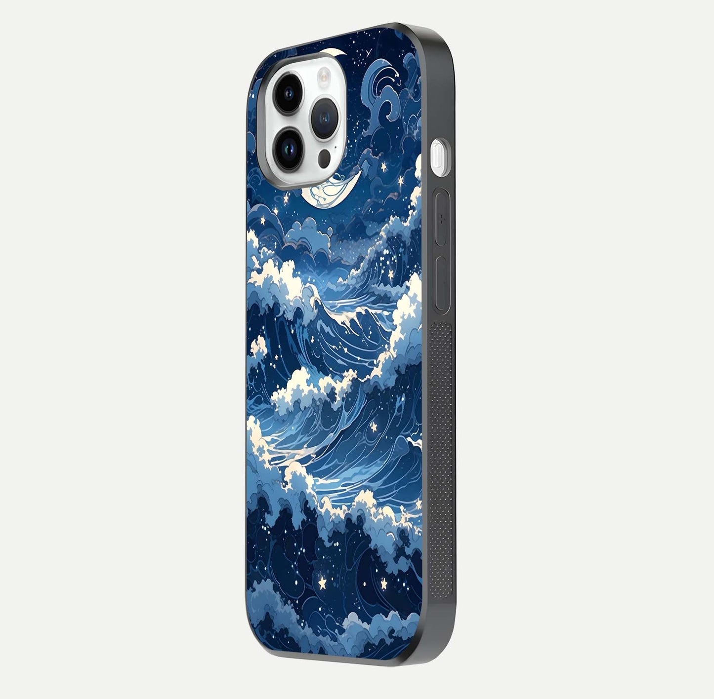 Ocean Moon Waves Glass Case for iPhone 14 Pro side-angle image showing shine and ocean gradient tones