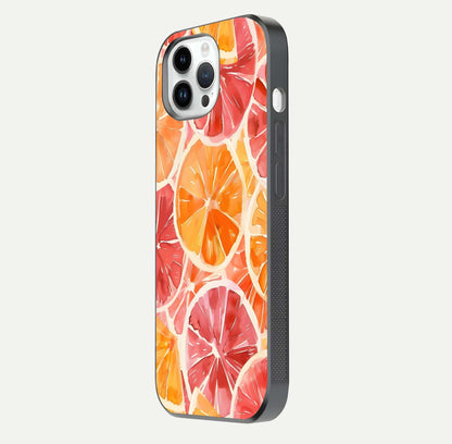 Orange Fruits Pattern Glass Case for iPhone 14 Pro side-angle image showing glossy shine and citrus pattern