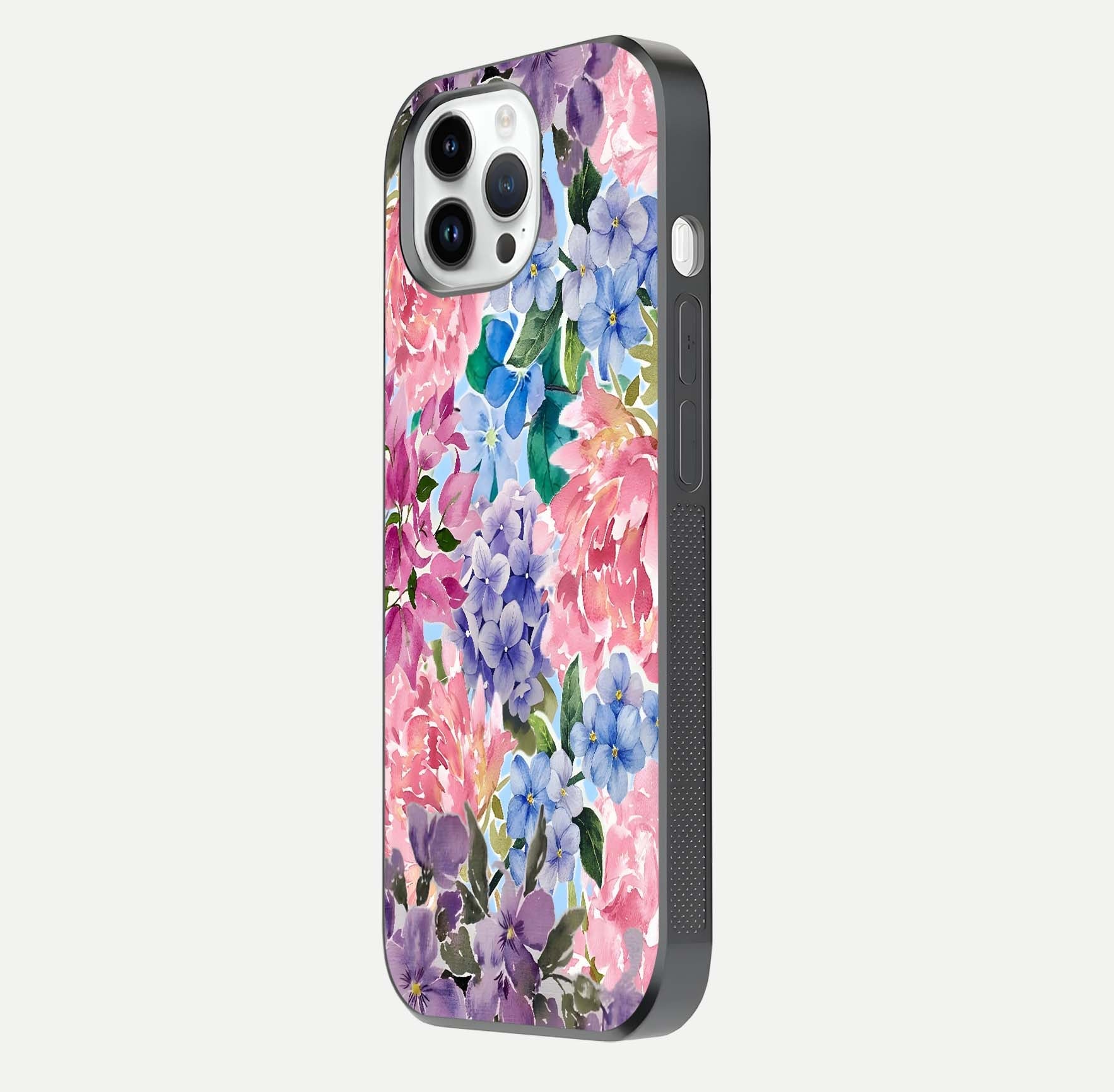 Pastel Floral Mix Glass Case for iPhone 14 Pro side-angle image showing reflection and delicate pastel hues